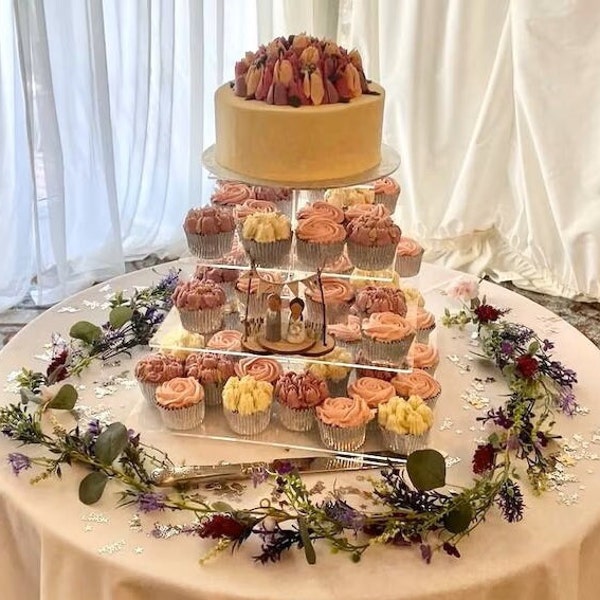 Square Acrylic Wedding & Party Cup Cake Stands.  Bespoke sizes, engraving or colour stands made