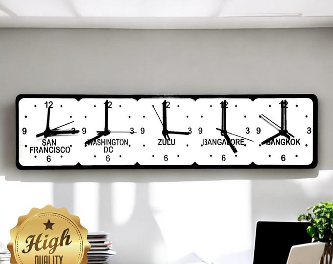 Custom Five Time Zone Clock: Black & White Family Name Wall Decor