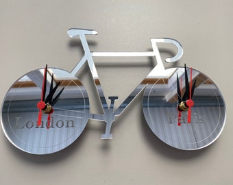 Bike Shaped Time Zone Clock -  Many Colour Choices, Personalised Engraving and Bespoke Shapes Made