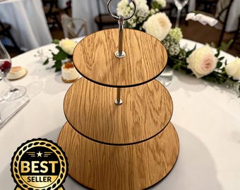 Customizable three-tier acrylic cupcake stand with silver handle, lightweight, elegant, eco-friendly oak veneer design