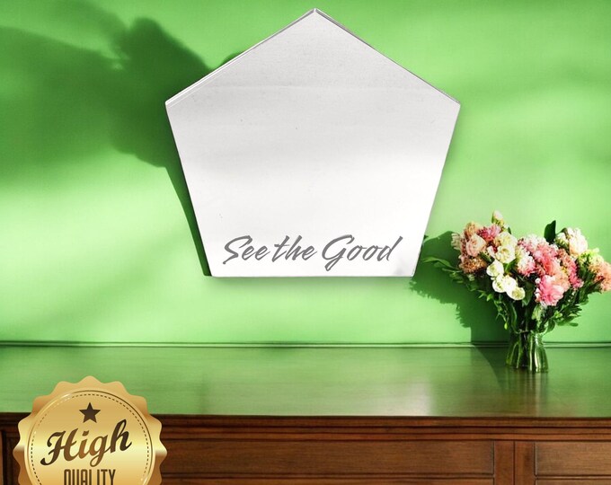 Pentagon Shaped Mirrors with a White Backing Frame & Hooks, Bespoke Shapes Made, Engraved or Plain