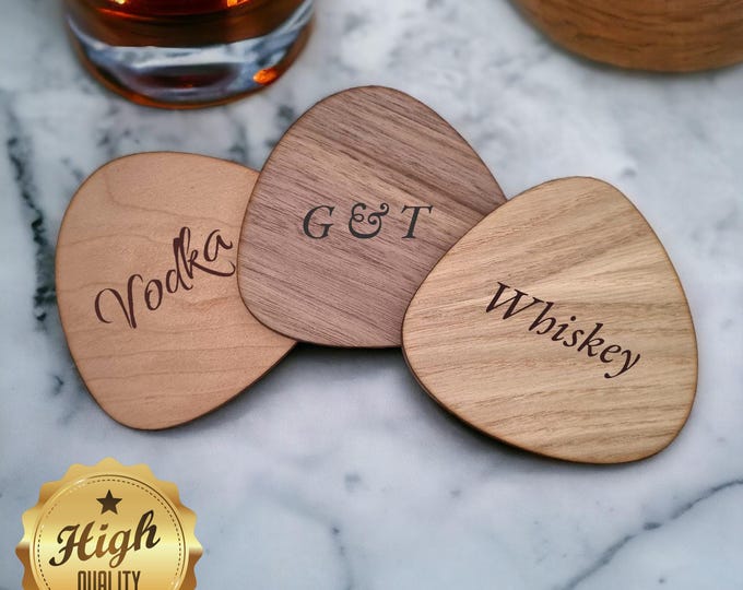 Pebble Wooden Finish Coasters, Sets of 4, 6 or 8 (12cm 4.5"), Wood Colour Options. (Engraving Services)