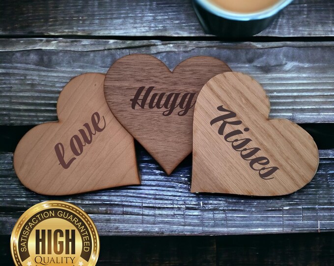 Heart Wooden Finish Coasters, Sets of 4, 6 or 8 (12cm 4.5"), Wood Colour Options. (Engraving Services)