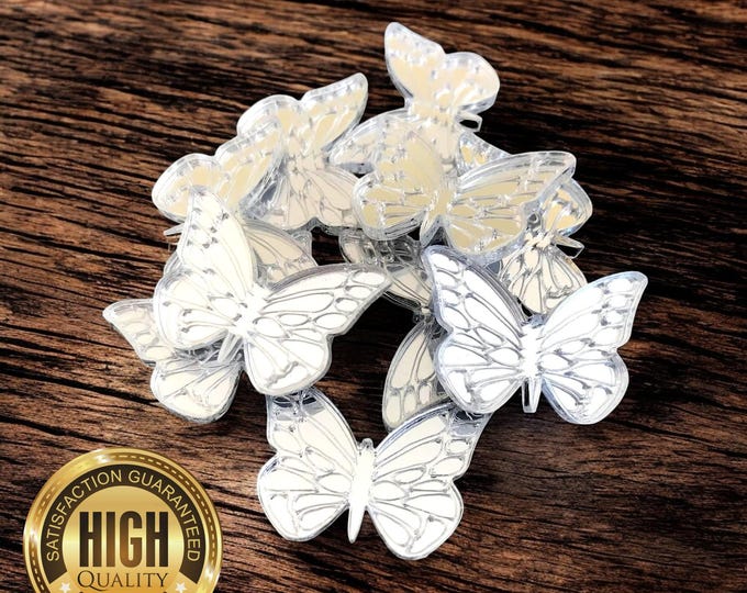 Butterflies Etched Shaped Crafting Mirrors, Custom Colours, Woods, Sizes, Shapes, (Holes for Jewellery or hoops for invites) Packs of 10