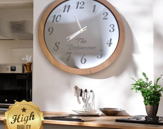 Wood & Mirror Round Numbered Circle Clocks - Silent Sweep Movement, Custom Wood Finish Colours, Bespoke Shapes / Sizes Made