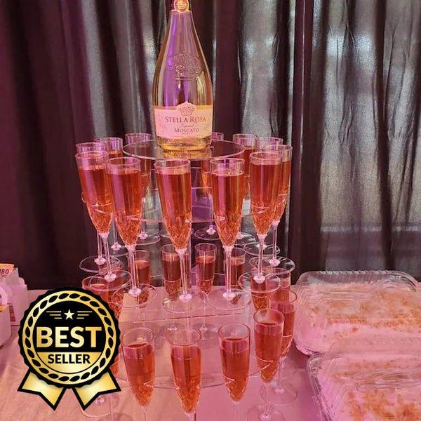 Expositor de champán acrílico para bodas y fiestas: diseño personalizable, fácil de montar, apto para copas y botellas.