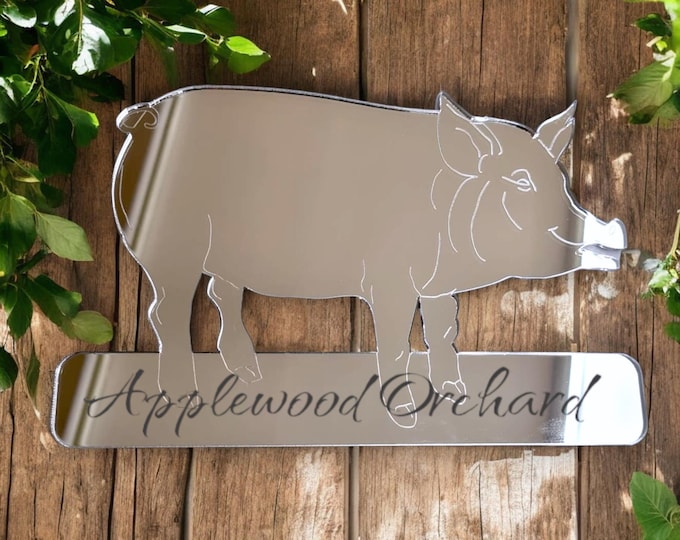 Custom Pig Sign: Mirrored Acrylic Plaque, Engraved Farm Decor
