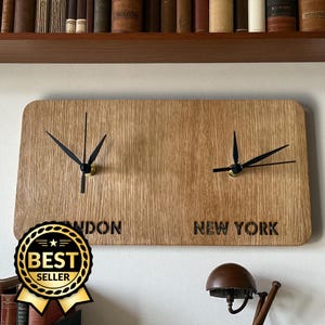 Reloj personalizado de dos zonas horarias: reloj de escritorio o de pared de chapa de madera personalizado