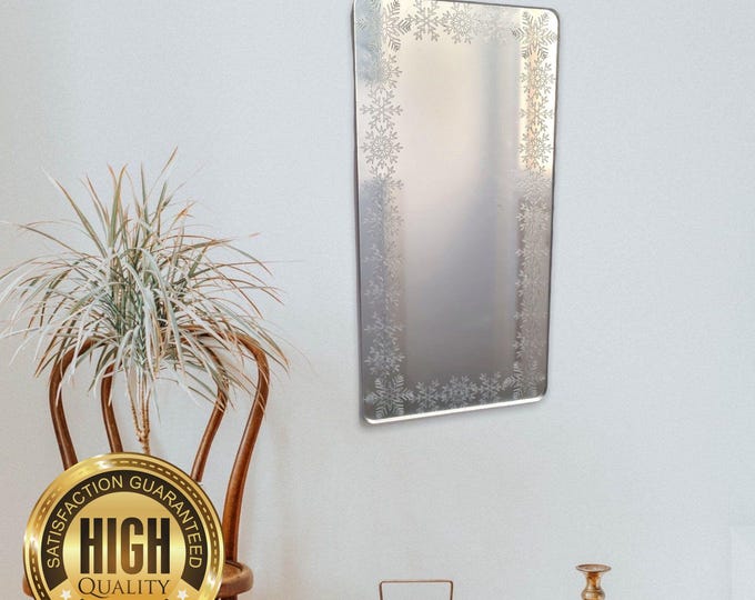 Snowflake Engraved Rectangle Shaped Mirrors with White Backing & Hooks, Custom Colours, Sizes, Shapes