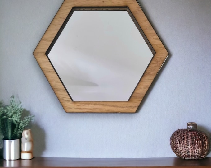 Hexagon Wooden Framed Mirror: Oak, Walnut, or Cherry