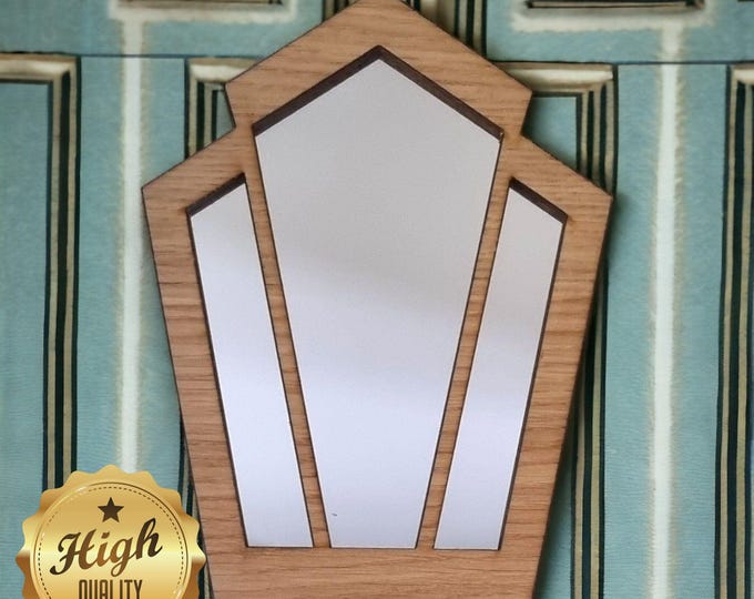 Pentagon Fan Art Deco Wooden Mirrors, Choice of Oak, Walnut or Cherry, Hooks included, Custom Sizes Shapes Colours Made
