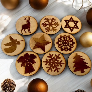 Round Christmas Coasters, Wooden Veneer Engraved Coasters, With Wood Colour Options.
