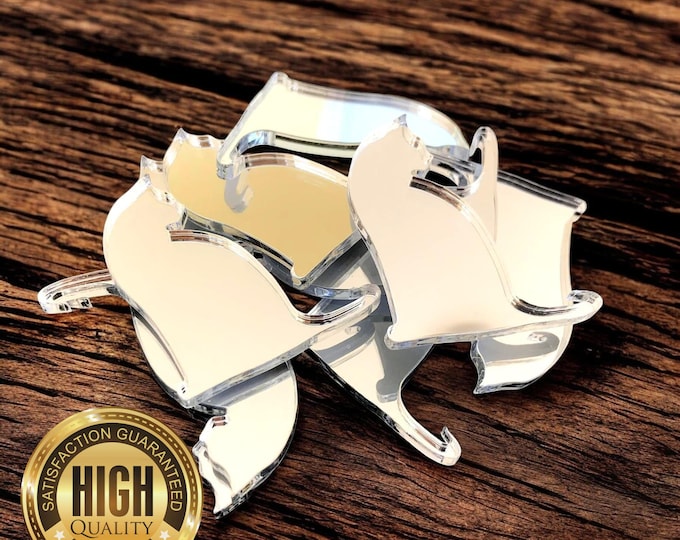 Cat Shaped Shaped Crafting Mirrors, Custom Colours, Woods, Sizes, Shapes, (Holes for Jewellery or hoops for invites) Packs of 10