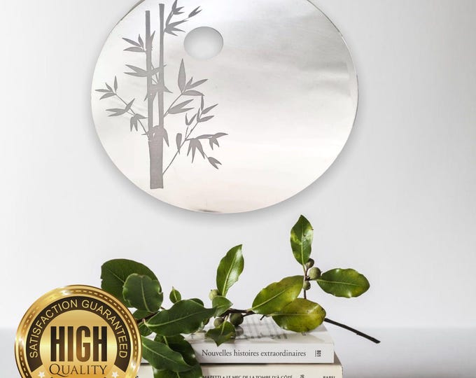 Round Engraved Bamboo and Sun Shaped Mirrors with White Backing & Hooks, Bespoke Engravings Made