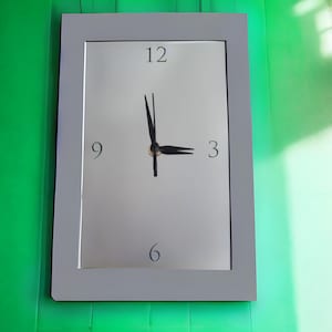 Può includere: Un orologio da parete rettangolare con cornice grigia. Il quadrante è di colore grigio chiaro con numeri neri in corrispondenza delle posizioni 12, 3, 6 e 9. Le lancette dell'orologio sono nere, indicando che sono circa le 3:10.