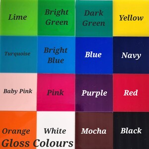 May include: A color chart showing 16 different gloss colors. The colors are arranged in four rows of four. The colors are: Lime, Bright Green, Dark Green, Yellow, Turquoise, Bright Blue, Blue, Navy, Baby Pink, Pink, Purple, Red, Orange, White, Mocha, Black.