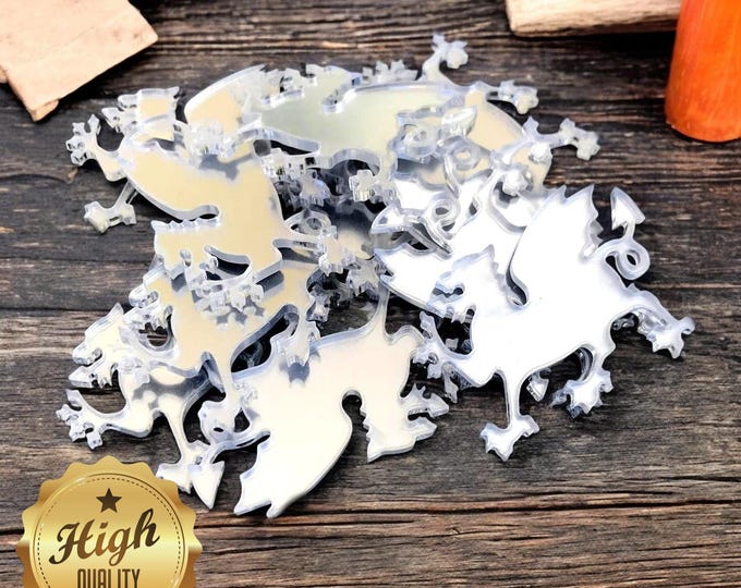 Welsh Dragon Shaped Crafting Mirrors, Custom Colours, Woods, Sizes, Shapes, (Holes for Jewellery or hoops for invites) Packs of 10