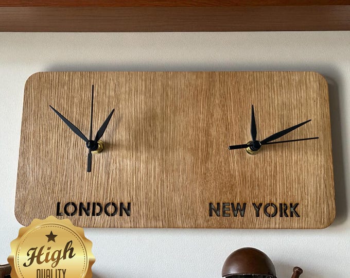 Custom Two Time Zone Clock: Personalized Wood Veneer Desk or Wall Clock
