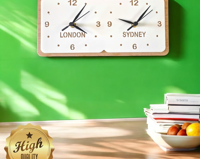 Customizable Time Zone Clock: Acrylic with Wood Frame