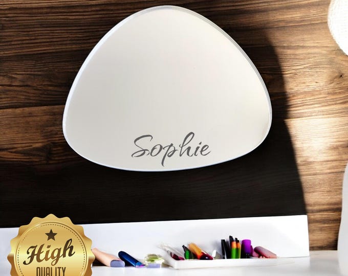 Triangular Pebble Shaped Mirrors with White Backing & Hooks, Bespoke Shapes Made, Engraving Services