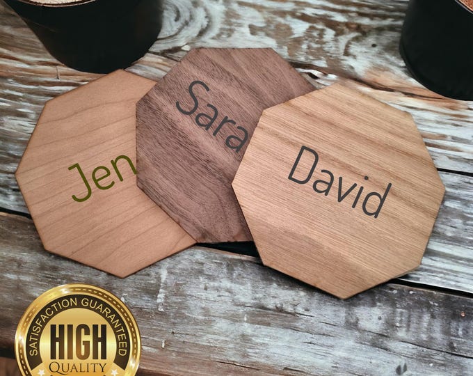 Octagon Wooden Finish Coasters, Sets of 4, 6 or 8 (12cm 4.5"), Wood Colour Options. (Engraving Services)
