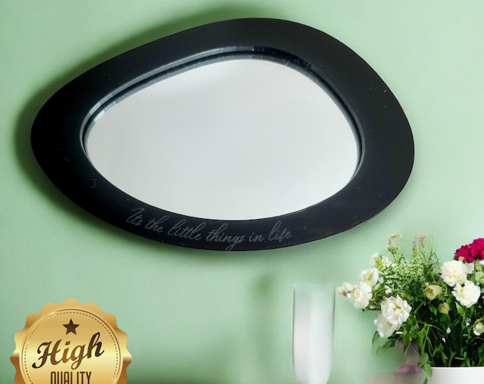 Long Pebble Shaped Mirrors with a Colour or Wood Frame of your choice & Hooks, Bespoke Shapes Made (Engraving Services)