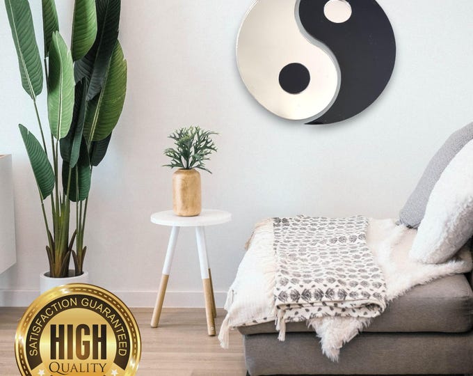 Customizable Black & Silver Yin Yang Mirror Bespoke Sizes Shapes Colors Calming Effect Acrylic Mirrors Strong Adhesive Pads Fixing