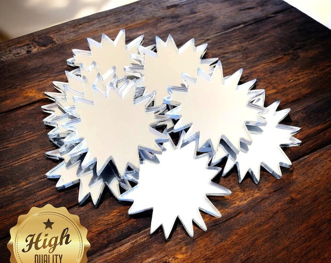 Starburst Shaped Crafting Mirrors, Custom Colours, Woods, Sizes, Shapes, (Holes for Jewellery or hoops for invites) Packs of 10