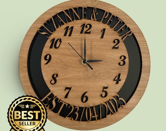 Personalized Wooden Round Clock with Silent Sweep, Custom Names, Dates, Colors, Fonts, and Logos
