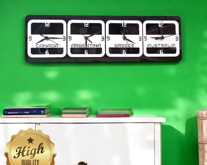 Retro Style TWO, THREE or FOUR Acrylic Time Zone Clocks - Custom Colours, Sizes, Shapes and Wood finishes