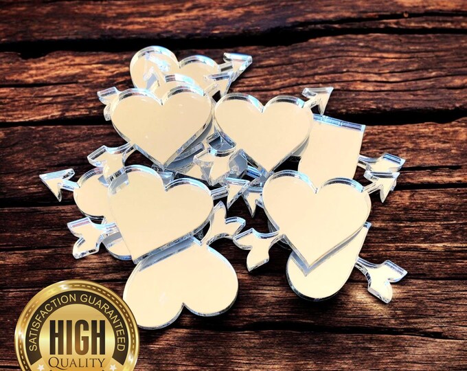 Love Heart & Arrow Shaped Crafting Mirrors, Custom Colours, Woods, Sizes, Shapes, (Holes for Jewellery or hoops for invites) Packs of 10