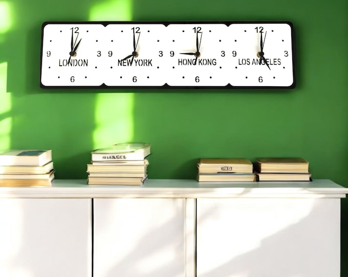 Custom Four Time Zone Clock, Black and White, Large Sizes