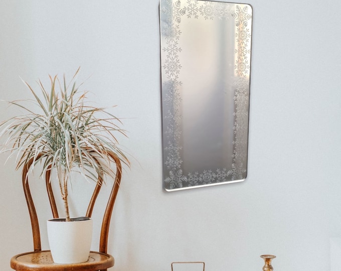 Snowflake Engraved Rectangle Shaped Mirrors with White Backing & Hooks, Custom Colours, Sizes, Shapes