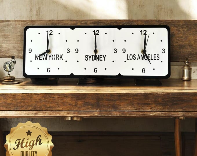 Custom Three Time Zone Clocks (Your family or freinds names or places) - Custom Colours, Sizes, Shapes, Wood finishes