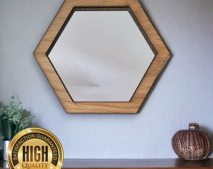 Hexagon Wooden Framed Mirrors, Choice of Oak, Walnut or Cherry, Hooks included, Custom Sizes Shapes Colours Made