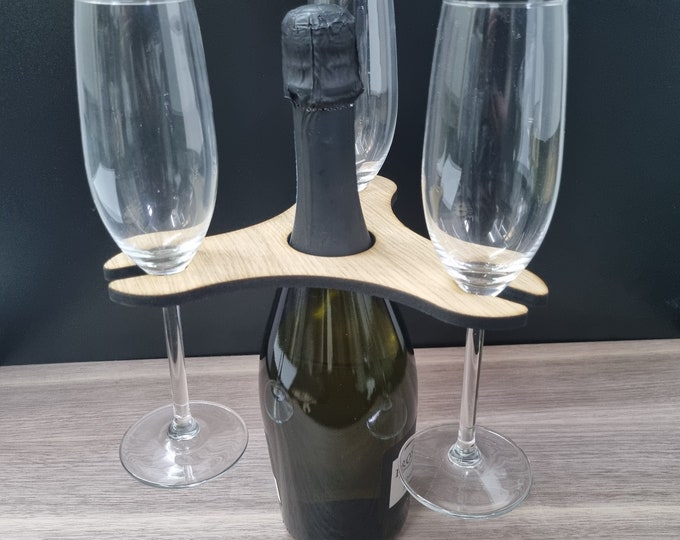 Customised Three Wine Glasses Holder for Champagne & Wine Bottles, Choice of Woods and acrylic colours. Bespoke Shapes Made 18x18cm 7"x7"