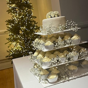 Square White or Clear Wedding & Party Cup Cake Stands.  Bespoke sizes and coloured stands made