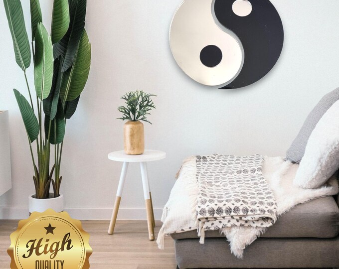 Yin Yang Acrylic Wall Mirror: Black & Silver Entwined Circle