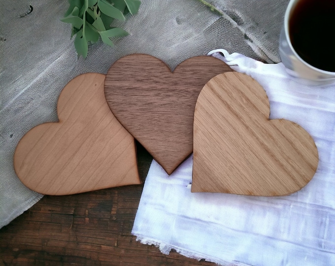 Heart Wooden Finish Coasters, Sets of 4, 6 or 8 (12cm 4.5"), Customised Engraving, Wood Colour Options.