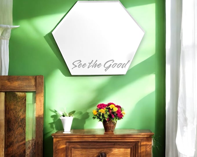 Hexagon Shaped Mirrors with White Backing & Hooks, Bespoke Shapes, Sizes Made, Engraving Services