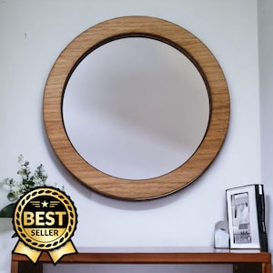 Round Wooden Framed Mirror: Oak, Walnut, or Cherry Veneer