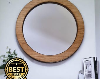 Round Wooden Framed Mirror: Oak, Walnut, or Cherry Veneer
