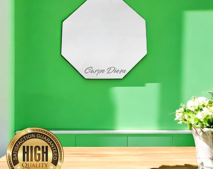 Octagon Shaped Mirrors with White Backing & Hooks, Bespoke Shapes Made, Engraving Services