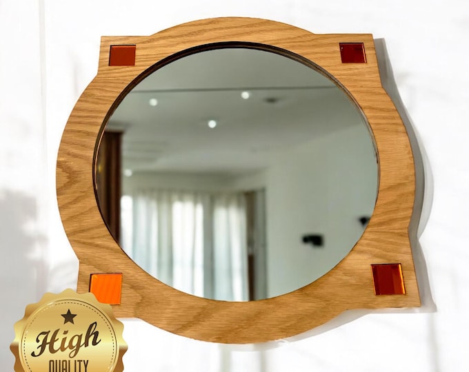 Deco Round Design Wooden Framed Mirrors, Choice of Oak, Walnut or Cherry, Hooks included, Custom Sizes Shapes Colours Made