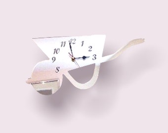 Wheelbarrow Shaped Clocks - Many colour mirrors and solid colour choices,  Personalised Engraving and Bespoke Shapes & Sizes Made