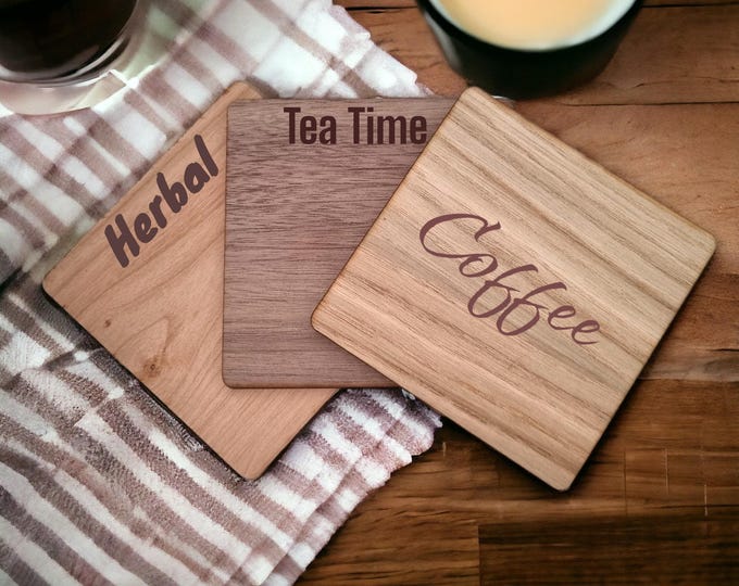 Square Wooden Coasters: Engraved Veneer Coasters, Sets of 4/6/8