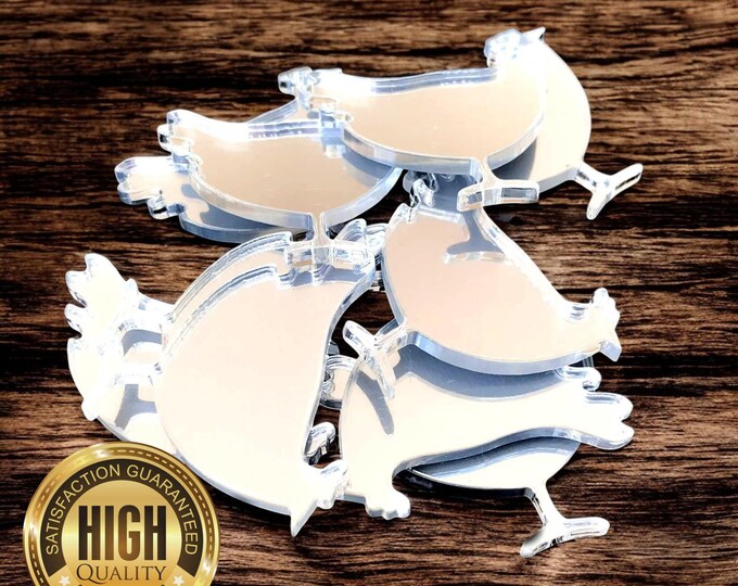 Chicken Shaped Crafting Mirrors, Custom Colours, Woods, Sizes, Shapes, (Holes for Jewellery or hoops for invites) Packs of 10