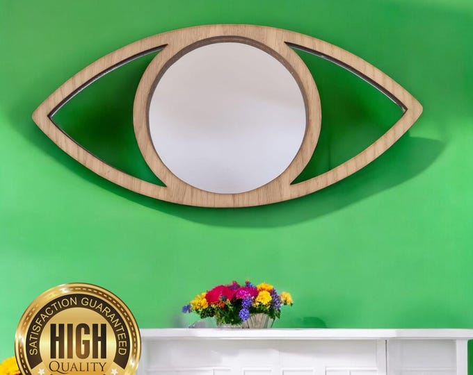 Eye Shaped Wooden Framed Mirrors, Choice of Oak, Walnut or Cherry, Hooks included, Custom Sizes Shapes Colours Made