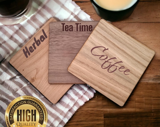 Square Wooden Finish Coasters, Sets of 4, 6 or 8 (12cm 4.5"), Wood Colour Options. (Engraving Services)
