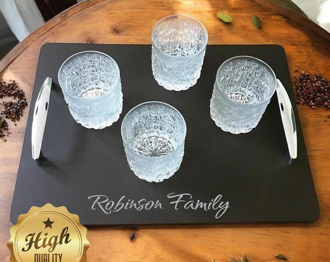 Modern Rectangle Serving Trays with Chrome Handles, Custom Colours & Engraving Options - Acrylic, Wood Veneers, Non-Slip Feet - Bespoke